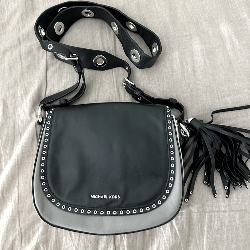 A Michael kors crossbody bag, grey and black with silver hardware